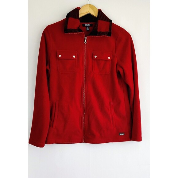 Women’s Fleece Plaid Collar Red Full Zip Jacket Chaps Size Medium Warm Preppy - Picture 1 of 5